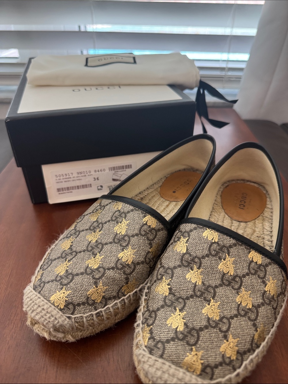 Gucci Bee Supreme and Gold GG Canvas Espadrille Flats